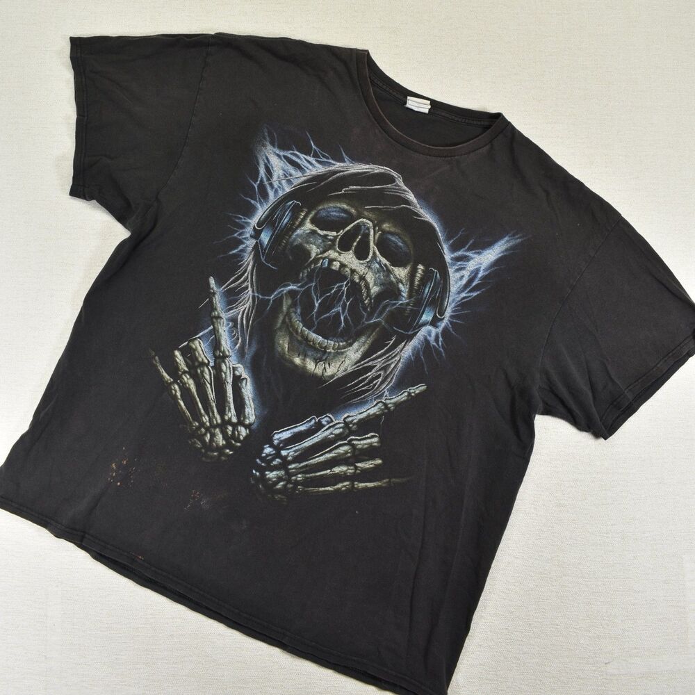 Y2K Grim Reaper Skull Lightning T-Shirt Mens 3XL Black Thrashed Grunge Graphic